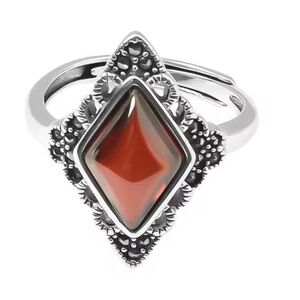 New! Vintage-Inspired Silver Ring with Red Gemstone adjustable
